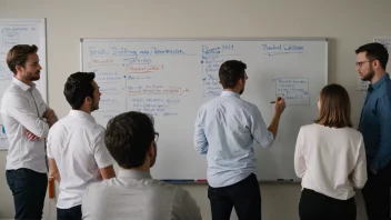 Et lag mennesker samlet rundt en whiteboard, diskuterer og planlegger sin strategi.