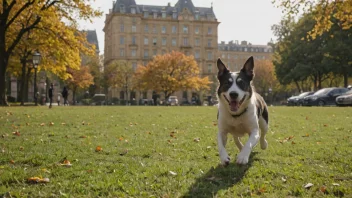 En hund løper fritt i en park med et hotell i bakgrunnen, illustrerer et hundefriendly miljø