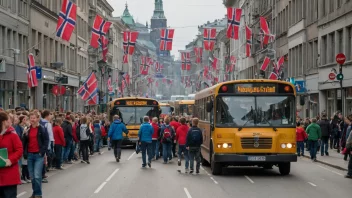 En travel gate med skolebarn og busser, med norske flagg i bakgrunnen