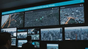 En stor overvåkingstavle med flere skjermer som viser forskjellige områder av en by, brukt for å overvåke og kontrollere byen.