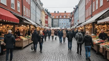 Et travel marked i en skandinavisk by, med mange butikker og boder som selger ulike varer.