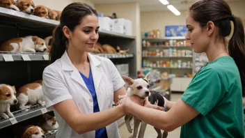 En person vises å ta vare på dyr i en dyrebutikk eller en veterinærklinikk, og viser viktigheten av dyreomsorg.