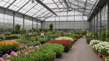 En stor, moderne gård med et hagebrukssenter og en rekke planter og blomster på utstilling.