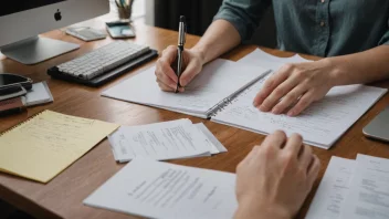 En person sitter ved et skrivebord og organiserer notater og papirer på en strukturert måte.