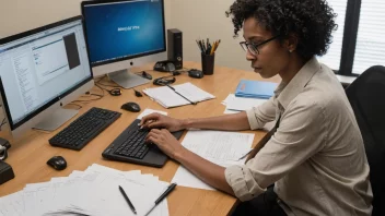 En person sitter ved et skrivebord med en datamaskin og papirer, og registrerer og dokumenterer kilder.