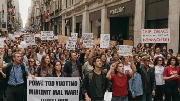 En gruppe mennesker som protesterer mot krig, med skilt og bannere, i en bygate.