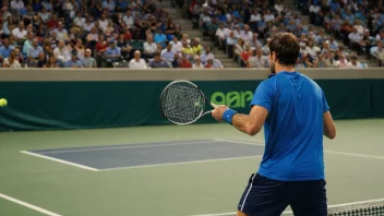 En person i aksjon, spiller tennis med en racket, på et idrettsstadion