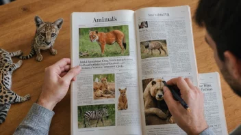 En person sitter i et bibliotek og leser en artikkel om dyr. I bakgrunnen er det bilder av forskjellige dyrearter, som løver, elefanter og sjiraffer.