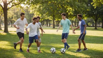 En gruppe venner som spiller fotball sammen i en park på en solfylt dag, ler og har det gøy.