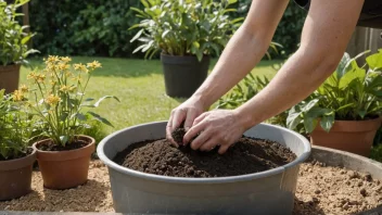 En person som lager en jordblanding for å plante blomster.