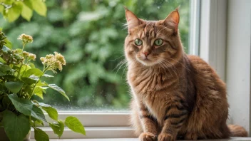 En brun katt som sitter på en vinduskarm