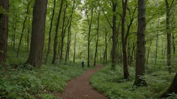 Et fredelig og kontemplativt bilde av en person som går på en svingete sti gjennom en skog, omgitt av natur.