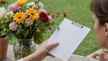 En person som holder en liste over blomster, med en vakker hage eller blomsterarrangement i bakgrunnen.