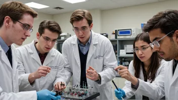 En gruppe studenter og forskere som samarbeider i et laboratorium.