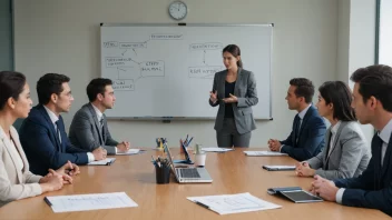 En gruppe mennesker i et møterom, med en whiteboard i bakgrunnen som viser et risikostyringsdiagram.