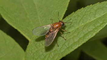 En liten, vinget insekt med en karakteristisk form, som sitter på et blad eller en blomst i en hage.