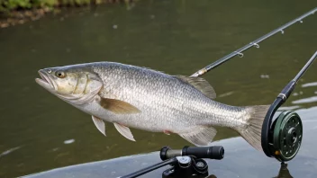 Et bilde av en Harrans fisk i sin naturlige habitat, med en fiskestang og snelle i forgrunnen.