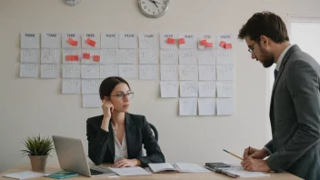 En person som tar en pause fra arbeidet, med en klokke eller kalender i bakgrunnen.