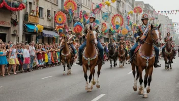 En fargerik og livlig utendørs festival med pyntede hester og ryttere, med paradeelementer og en festlig atmosfære.