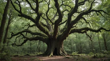 Et stort tre med en tykk stamme og omfattende grener, plassert i en tett skog.