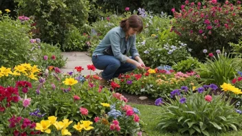 En person som passer en fargerik blomsterhage med ulike blomster og planter