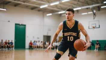 En basketballspiller i aksjon, med en uskarp bakgrunn av en basketballbane