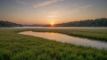 Et fredelig morgenlandskap med en stigende sol.