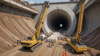 Tunnelbyggeplass med arbeidere og maskiner