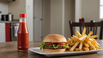 En flaske tomatketchup på et bord med en hamburger og pomfries i bakgrunnen