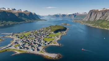 Flyfoto av Stokmarknes, en kystby i Norge