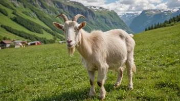 En norsk melkegeit som beiter i en frodig grønn eng med et fjellrikt bakgrunn