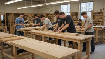 En snekkerskole med studenter som arbeider på trearbeidsprosjekter