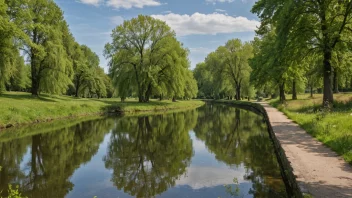 Et bilde av Haldenkanalene, som viser en fredelig innsjø omgitt av frodig vegetasjon og en historisk kanal sluse i forgrunnen.