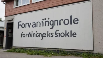 En skolebygning med en skilt som leser 'Forvaltningsskole' på norsk.