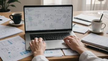 En person som arbeider på et prosjekt, omgitt av inspirerende sitater og diagrammer.