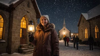 En person på julevakt, stående utenfor en kirke eller et hus, holder en lykt og smiler, med snøflak som faller rundt dem.