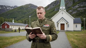 En garnisonsprest i norsk militær uniform, stående foran en kirke eller en militærbase.