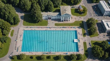 Flyfoto av Frognerbadet, et offentlig svømmebasseng og friluftsbad i Frognerparken, Oslo