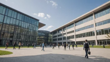 Et moderne universitetsbygg med studenter som går i forgrunnen. Bygget er omgitt av trær og har et moderne utseende.