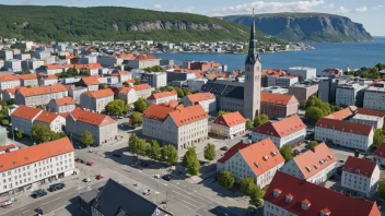 Et bilde som representerer en kommune med skoler og rådhus.