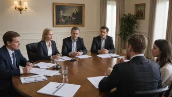 Et formelt møte med mennesker sittende rundt et bord, engasjert i diskusjon og beslutningstaking.