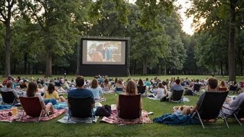 Folk som nyter en utendørs filmvisning i en park en sommerkveld.