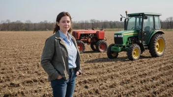 En person i en lederrolle, stående på en åker eller gård, med en traktor eller annet jordbruksutstyr i bakgrunnen.