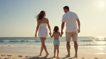 En glad familie på sommerferie, som leker og slapper av på stranden