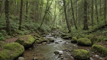 Et fredelig og rolig bilde av en liten bekk som renner gjennom en skog.