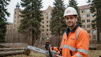 En person i en skog, med hjelm og motorsag, og en universitets- eller høyskolebygning i bakgrunnen.