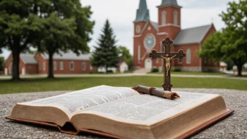 Et kristent kors med en bibel og en kirke i bakgrunnen.