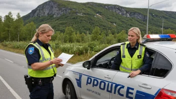 En politibetjent i en gul vest står ved siden av en bil og skriver på en notisblokk.