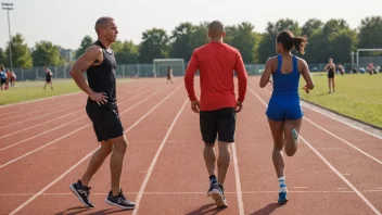 En person som løper på en løpebane med en trener eller coach i bakgrunnen, som gir veiledning og støtte.