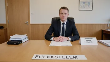 Et bilde av en person som sitter ved et skrivebord med en navneplate som leser 'Fylkesstyremedlem' i et norsk fylkestyrekontor.